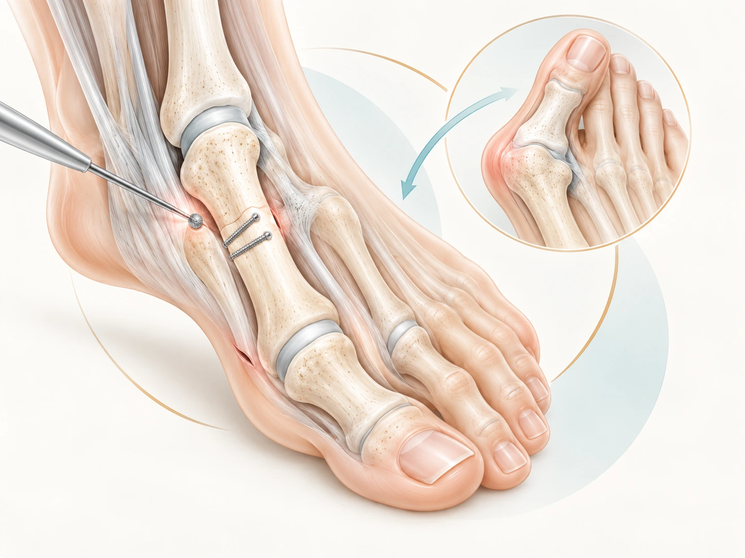 Ilustración educativa de cirugía percutánea del hallux valgus